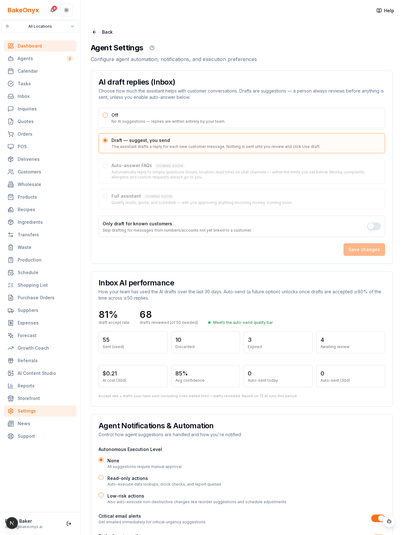 Auto-send activity and quality bar with confidence threshold and daily caps