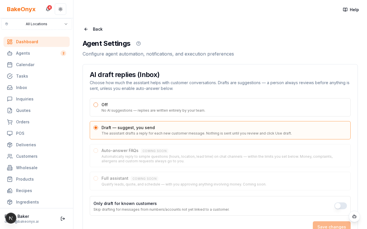 Agent Settings showing the AI draft reply levels and known-customers-only toggle