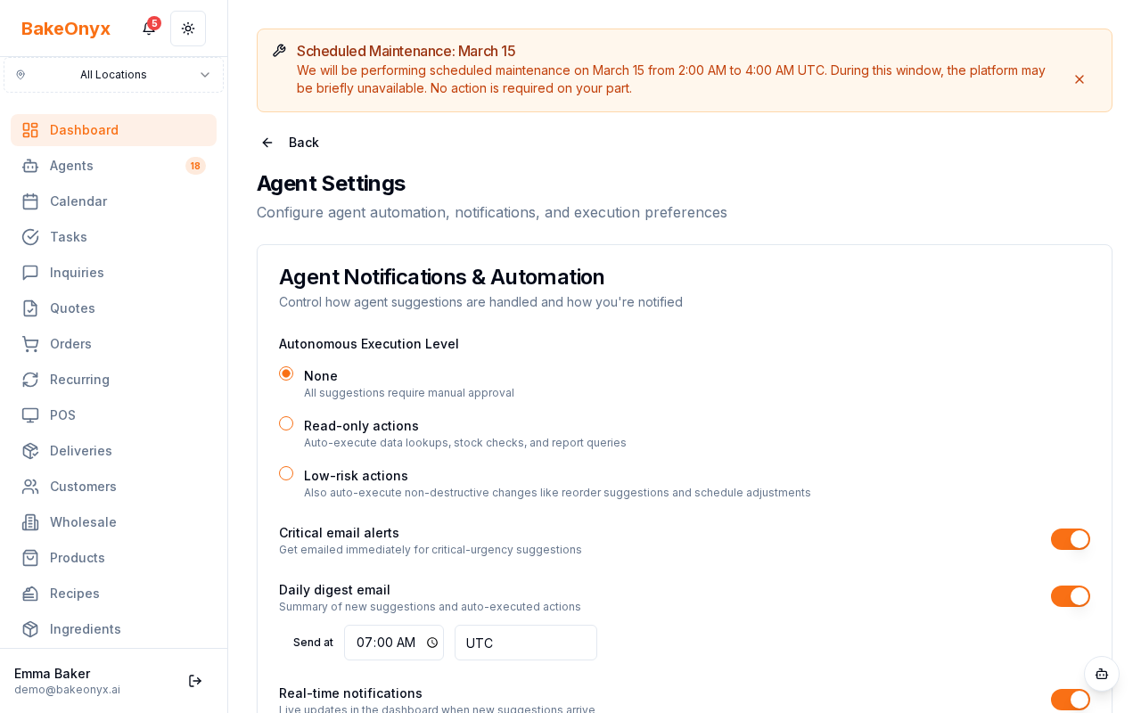 AI Agent Settings page showing notification preferences, auto-approval threshold, and enabled agent types