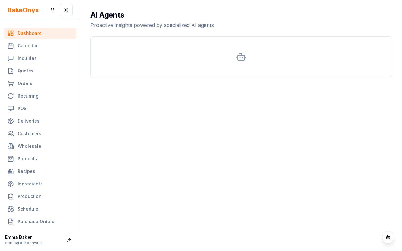 AI Agents dashboard showing production, inventory, analytics, and marketing agents with recent activity and suggestions