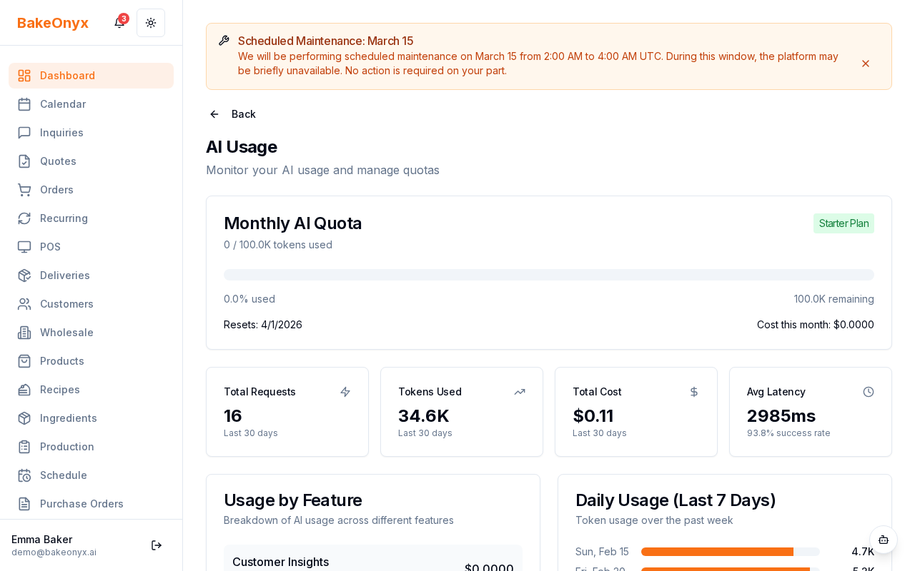 AI Settings page showing daily usage limits and remaining quota for each AI feature