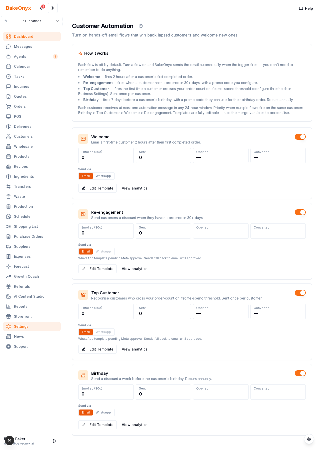 Customer Automation settings page showing the How it works explainer and all four flow cards
