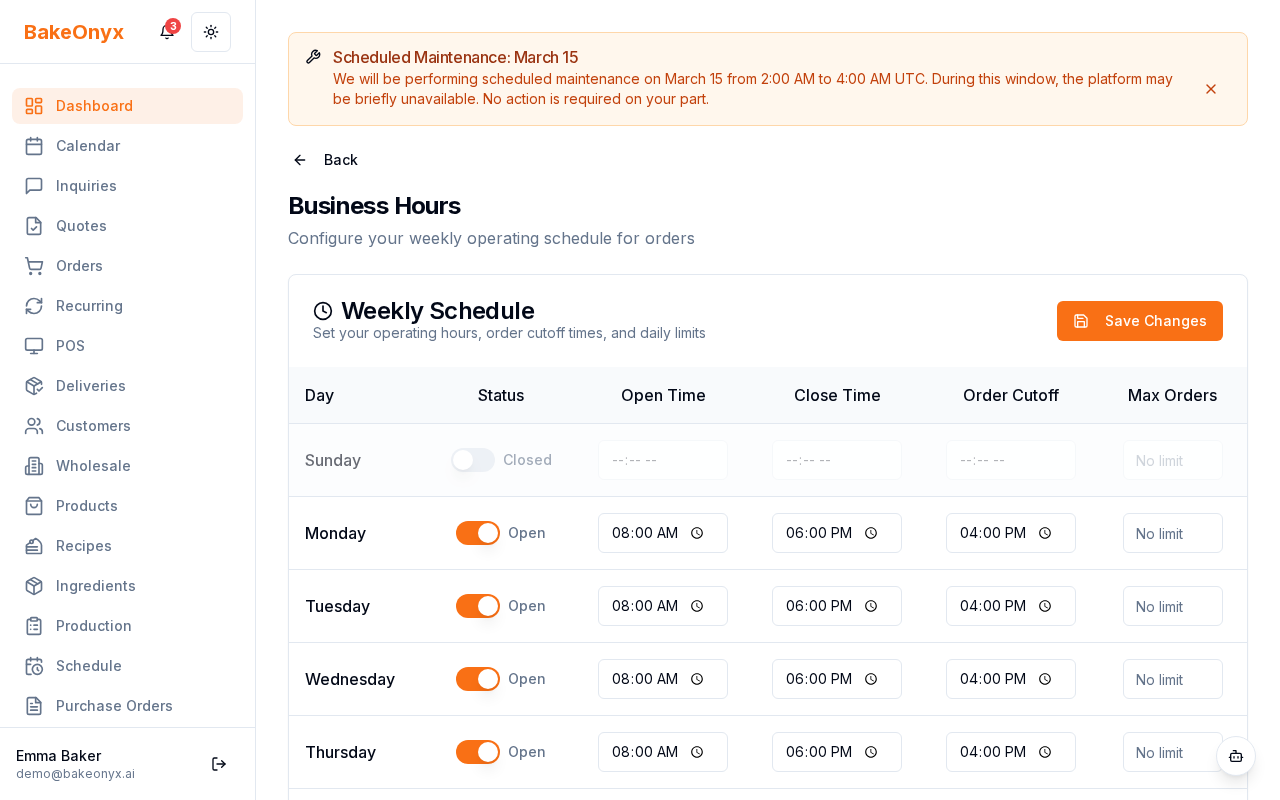 Weekly availability form showing days of the week with toggle switches and order capacity fields