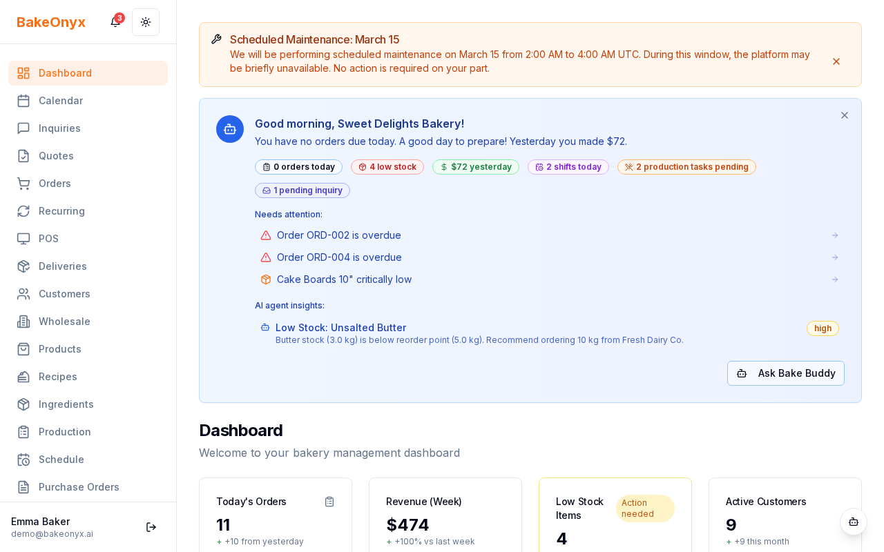Bake Buddy chat window open in the BakeOnyx dashboard sidebar