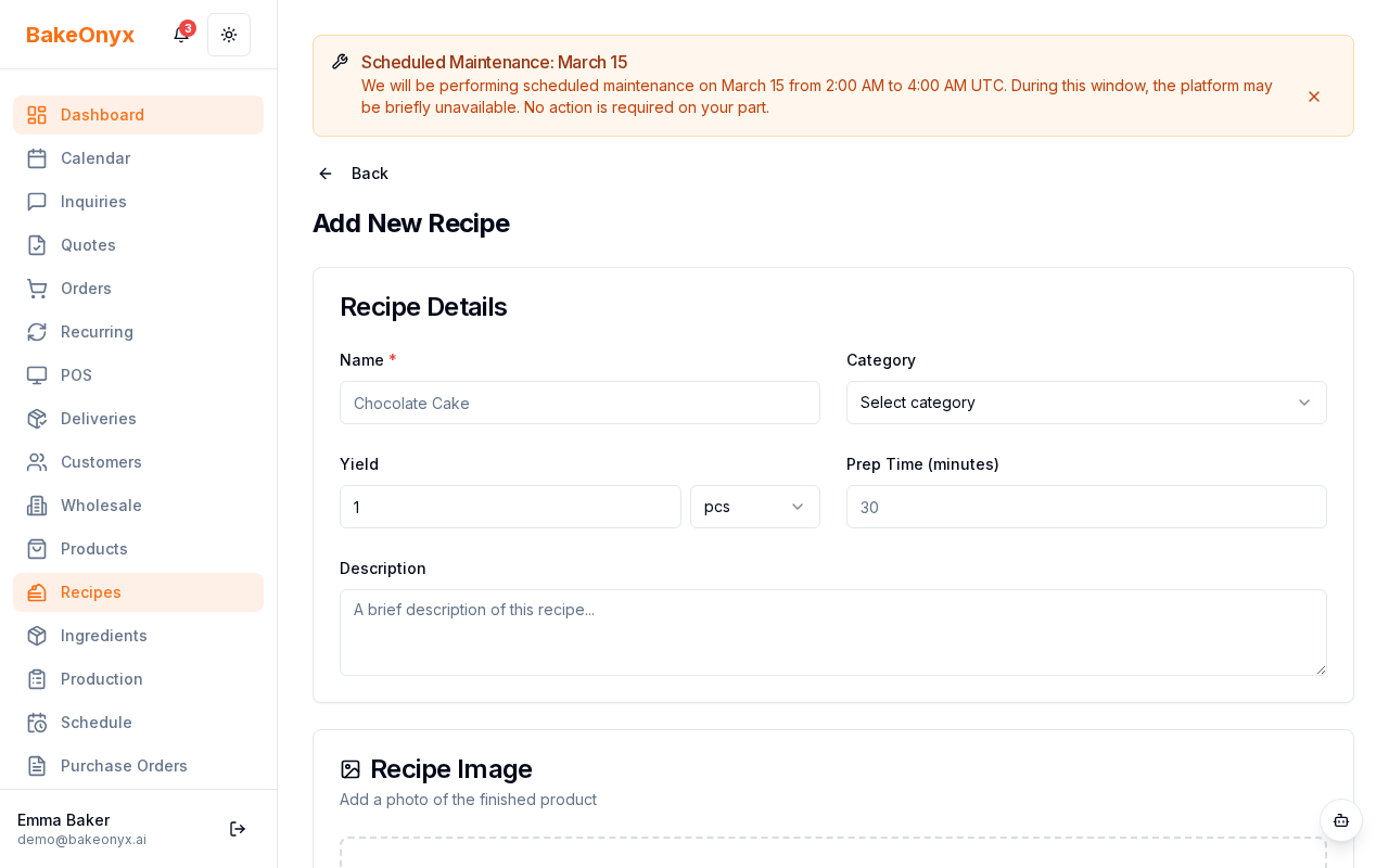 Recipe yield form showing weight input field and unit selector