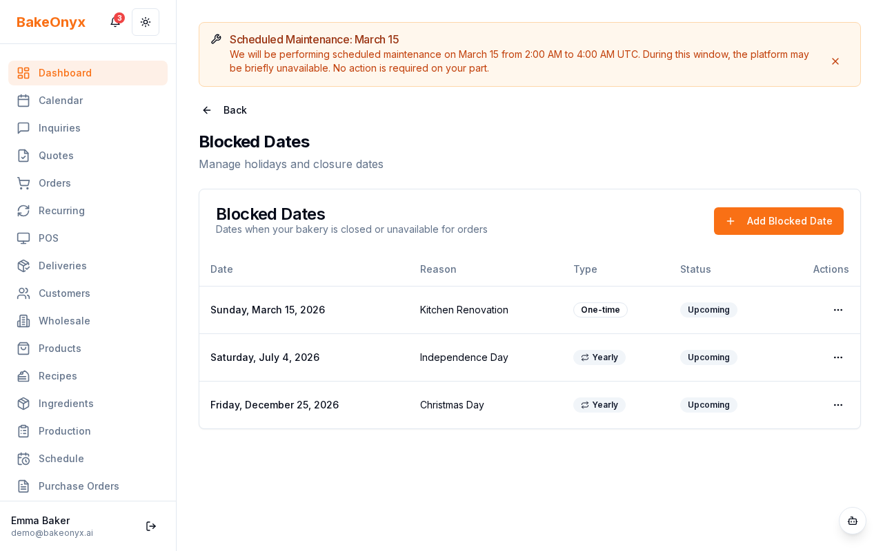 Blocked dates interface showing a calendar view with blocked date entries and an add button