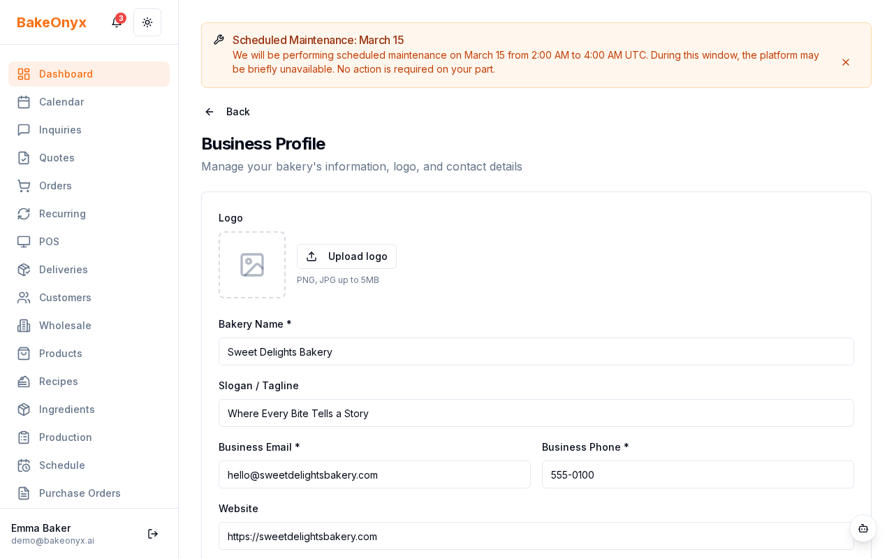 Business profile form showing fields for bakery name, address, phone, email, logo upload, timezone, and currency
