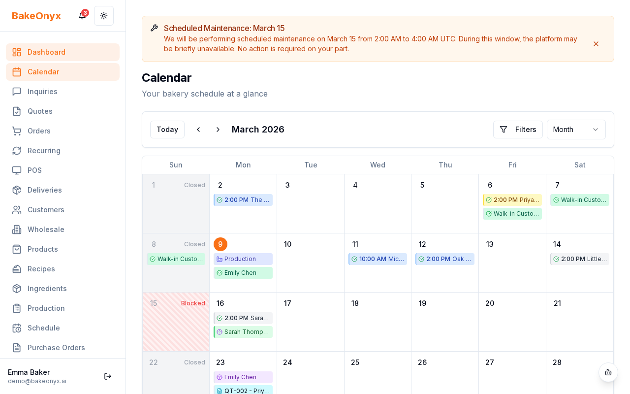Calendar showing production events with task counts and status