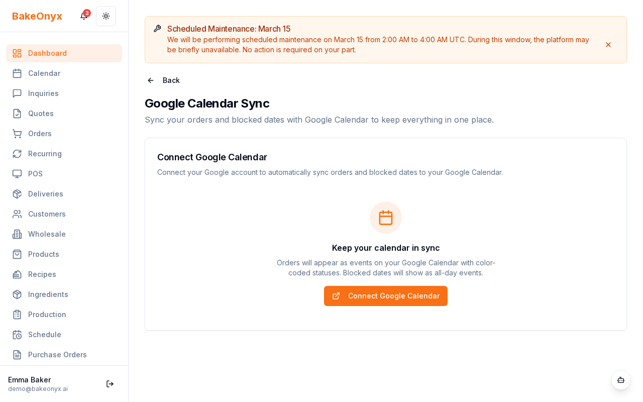 Calendar Sync settings page showing Google Calendar connection button