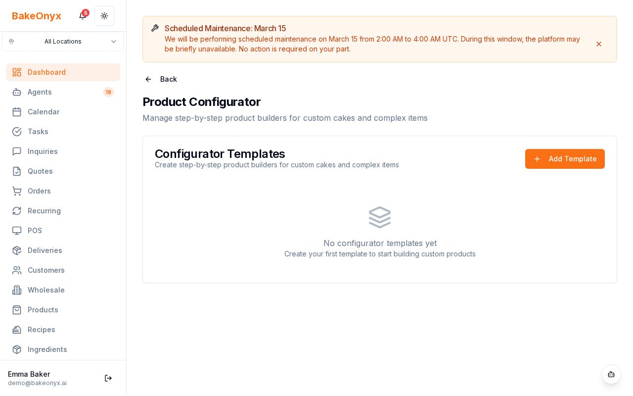 Product Configurator settings page showing list of existing configurators and Create New button