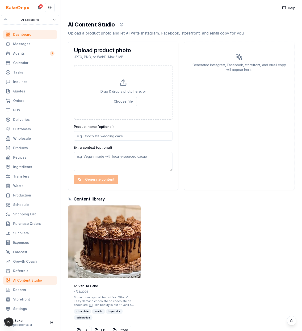 Content library grid showing a generated entry with the product photo, auto-suggested tags, and copy buttons for Instagram, Facebook, storefront, and email