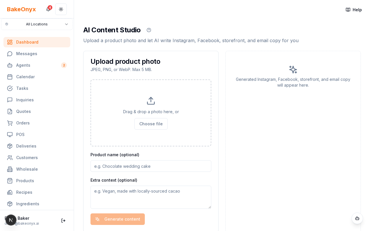 AI Content Studio upload form with drag-and-drop area, product-name field, and extra-context textarea
