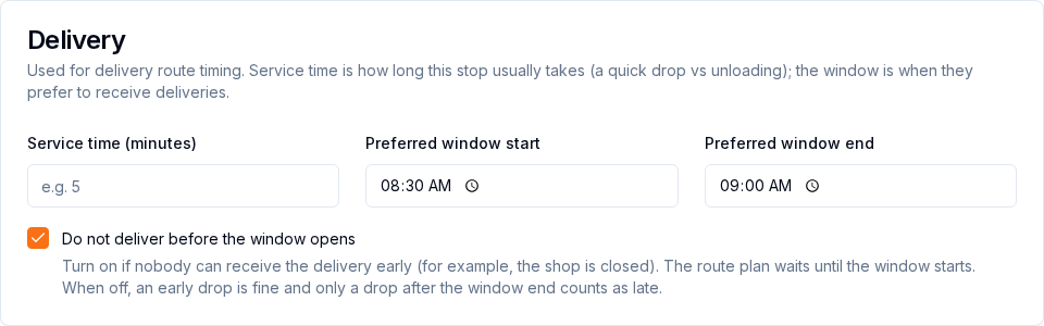 Customer Delivery section with service time, preferred window start and end, and the