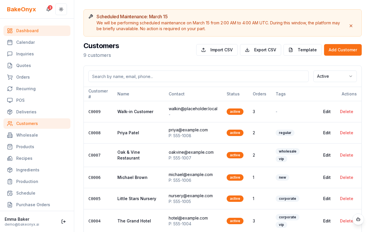 BakeOnyx customer list showing multiple customer profiles with names and email addresses