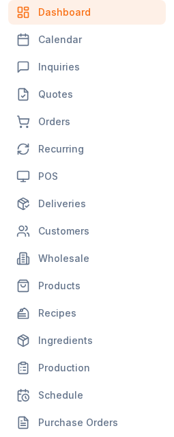 BakeOnyx sidebar navigation menu showing main sections like Orders, Production, and Reports