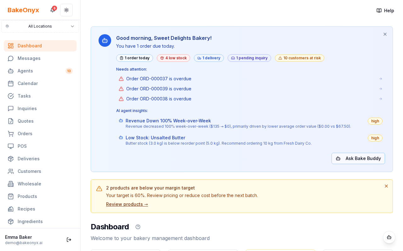BakeOnyx dashboard card showing top customers