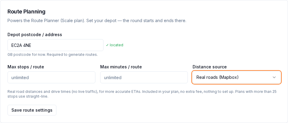 Delivery settings Route Planning card with depot, max stops, max minutes and Distance source set to Real roads (Mapbox)
