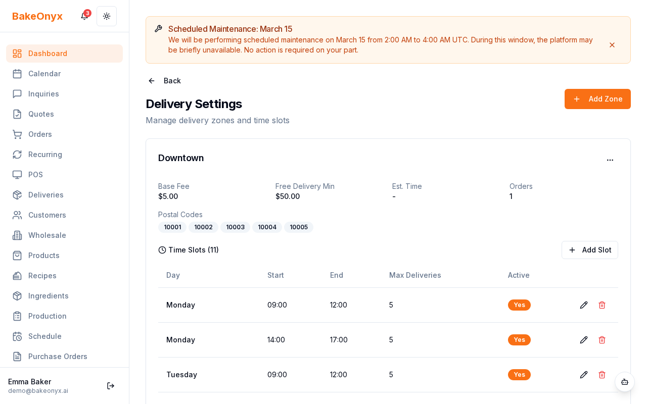 Delivery zone creation form with fields for zone name, postal codes, fees, and time slots