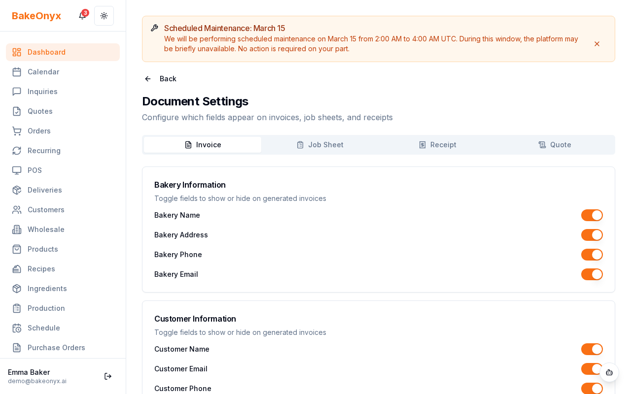 Document display settings page showing Invoice, Job Sheet, and Receipt tabs with toggle switches for each field