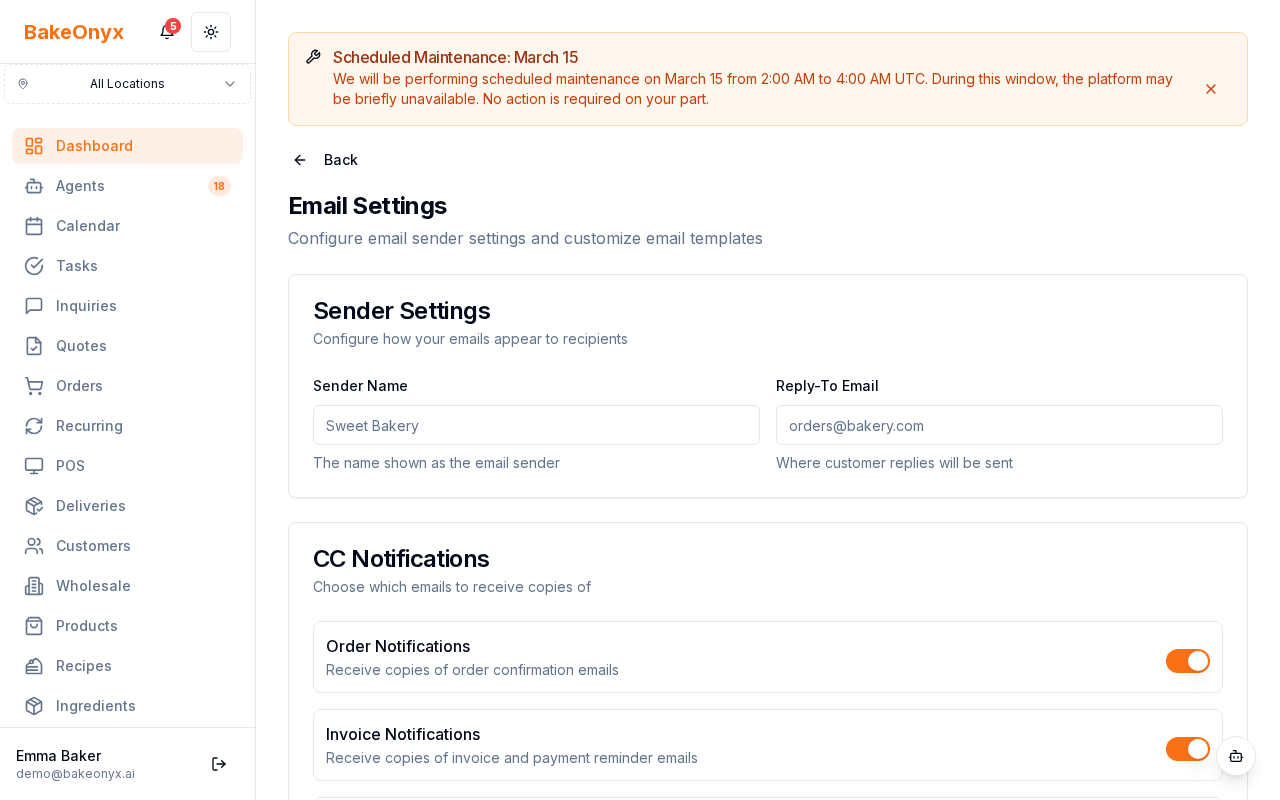 Email Settings page showing sender name, reply-to address, CC, BCC, and footer text fields