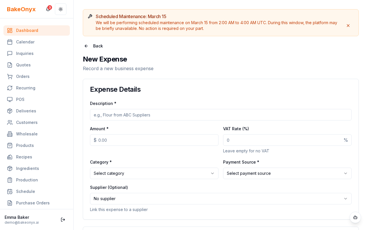 Expense form with fields for description, amount, VAT rate, category, payment source, and dates