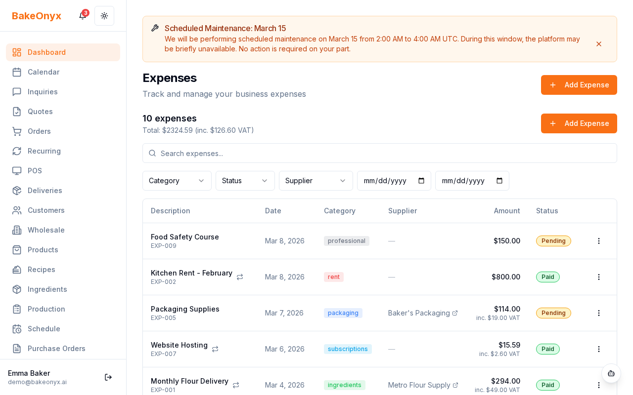 Expense summary report showing breakdown by category with VAT totals
