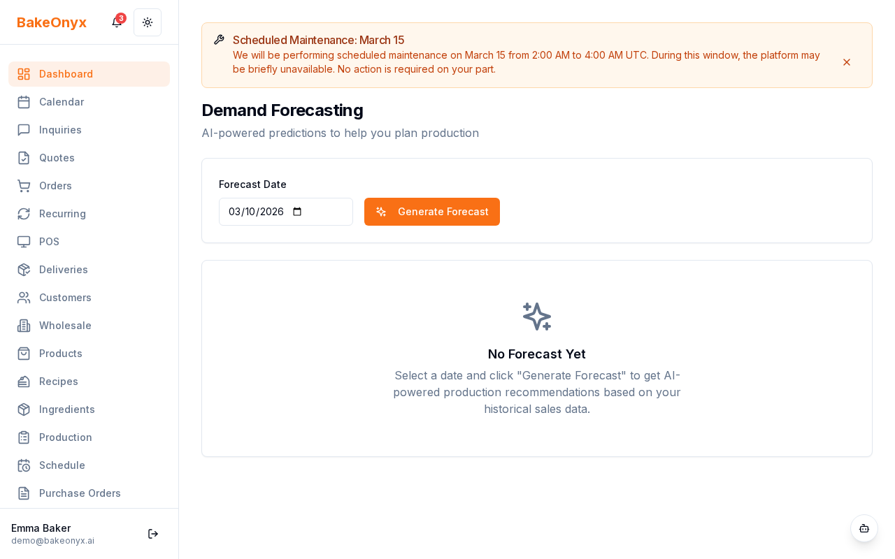 BakeOnyx Forecast dashboard showing weekly demand summary and confidence levels