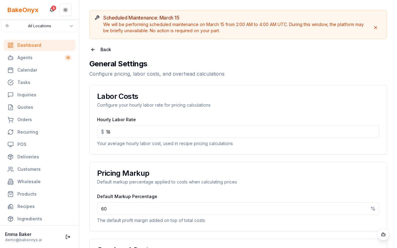BakeOnyx General Settings page showing labour rate, overhead percentage, markup percentage, currency, timezone, and business type fields