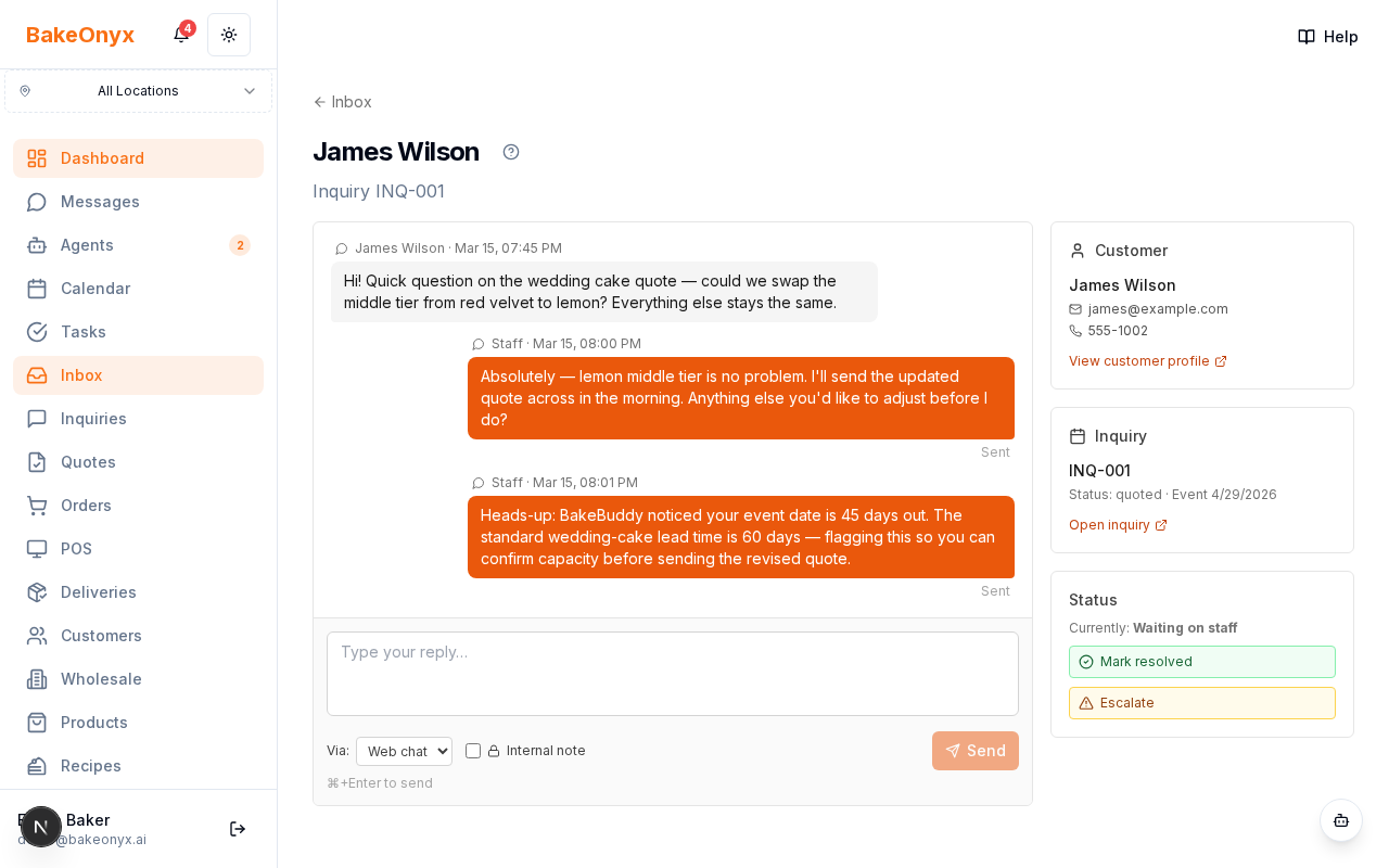 Conversation thread view in the BakeOnyx Inbox
