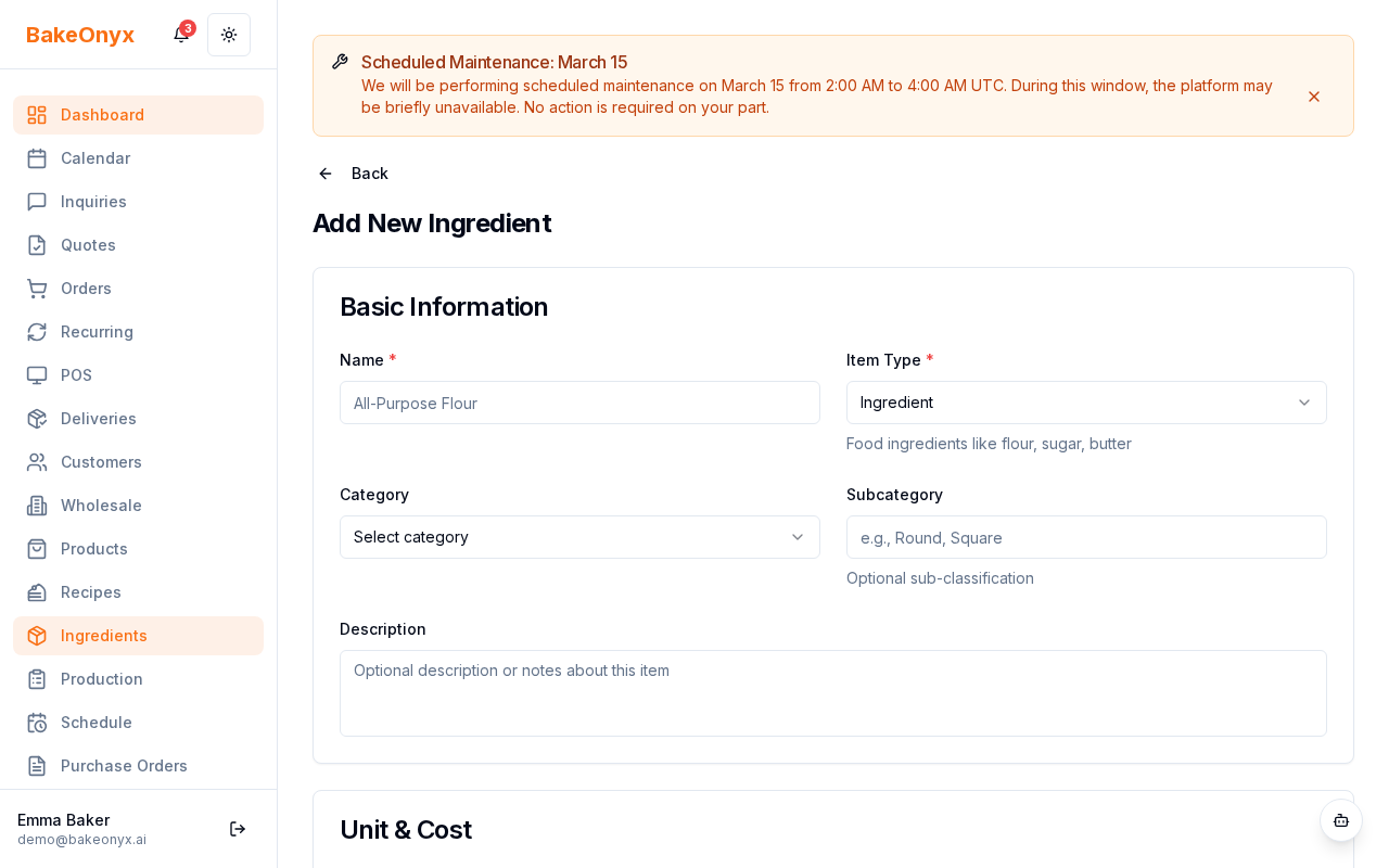 BakeOnyx ingredient form with fields for name, category, unit, cost, supplier, and stock levels