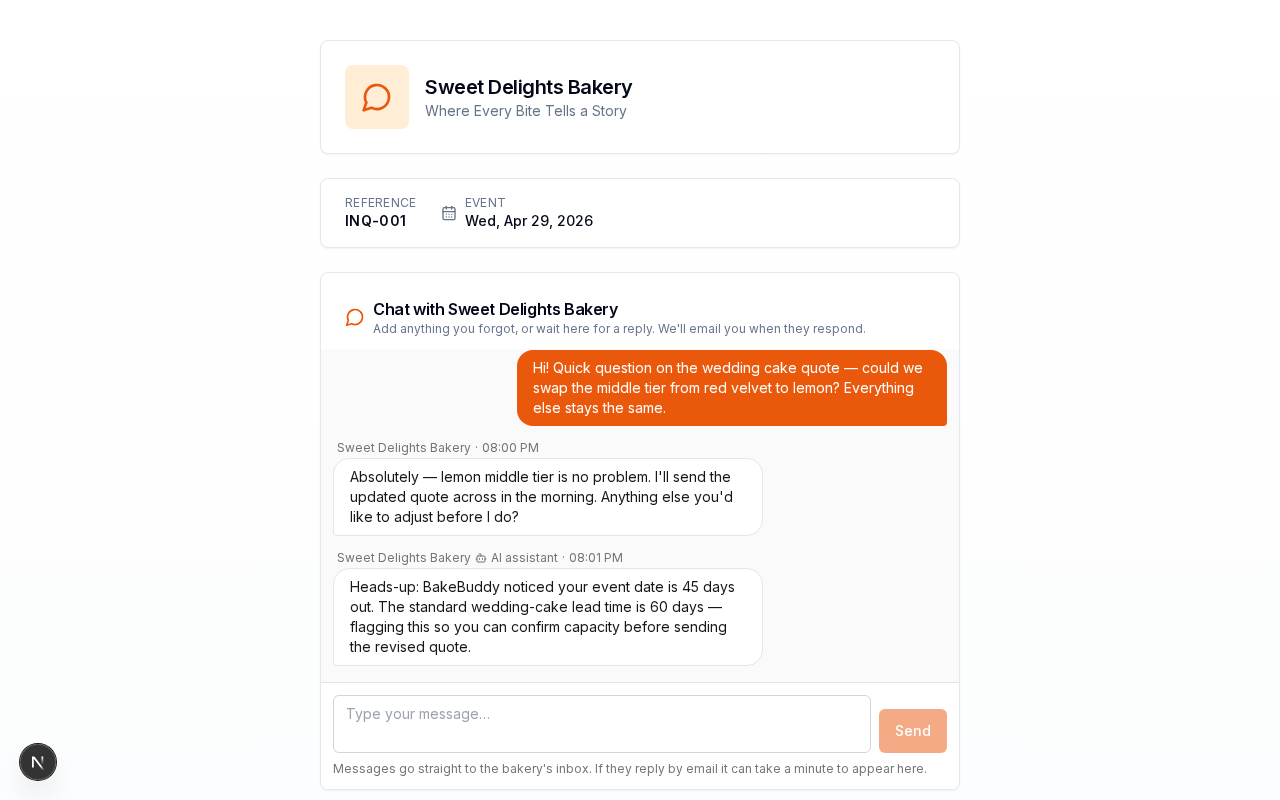 Customer view of the inquiry chat page