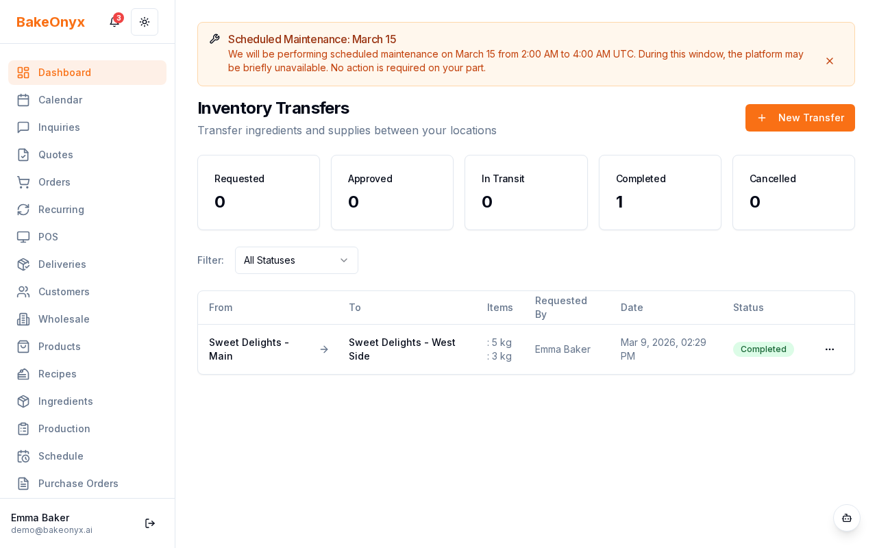 Inventory Transfers page showing list of transfer requests with status, from/to locations, and dates
