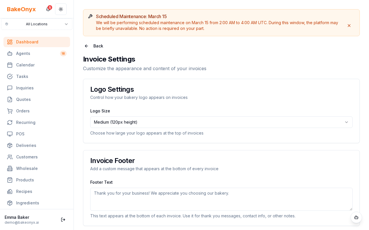 BakeOnyx invoice customization settings page showing footer text, payment terms, logo size, and privacy policy fields
