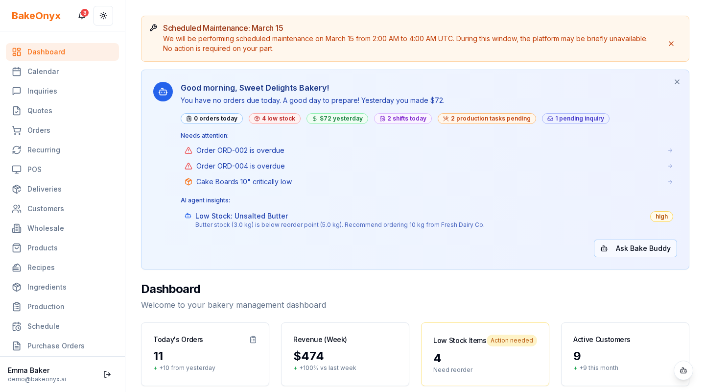 Location switcher dropdown showing multiple bakery locations with the current location highlighted