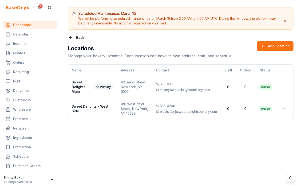 Locations settings page showing a list of bakery locations with name, address, and status