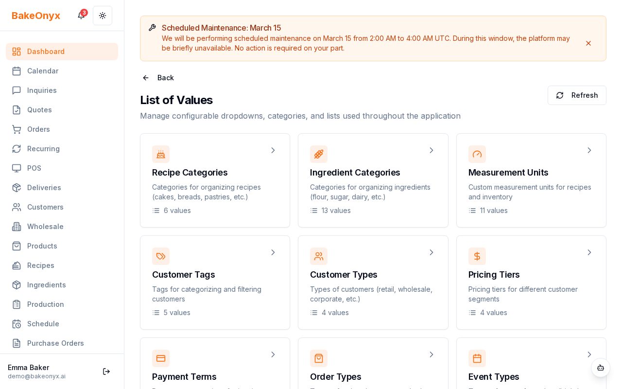 Lists of Values settings page showing categories like cake sizes, flavors, and delivery methods