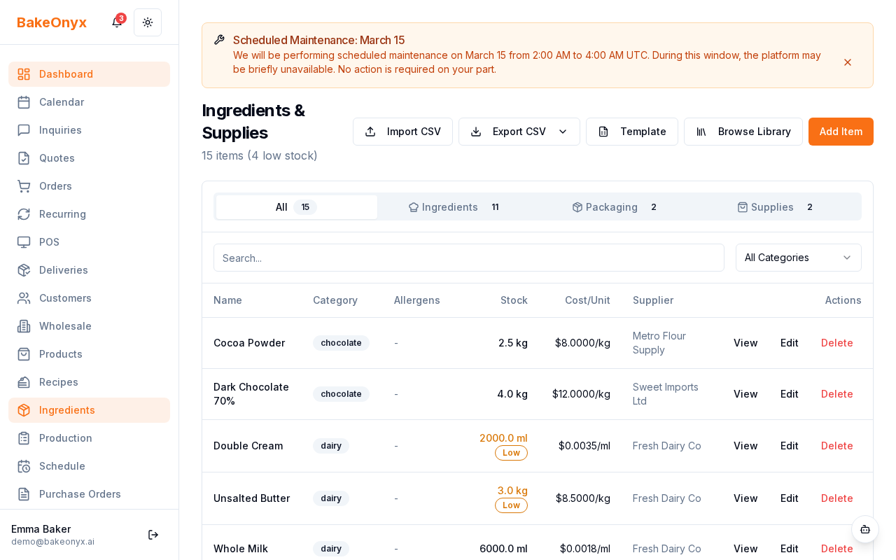 Master Ingredient Library page showing a searchable list of 80+ common baking ingredients with import checkboxes
