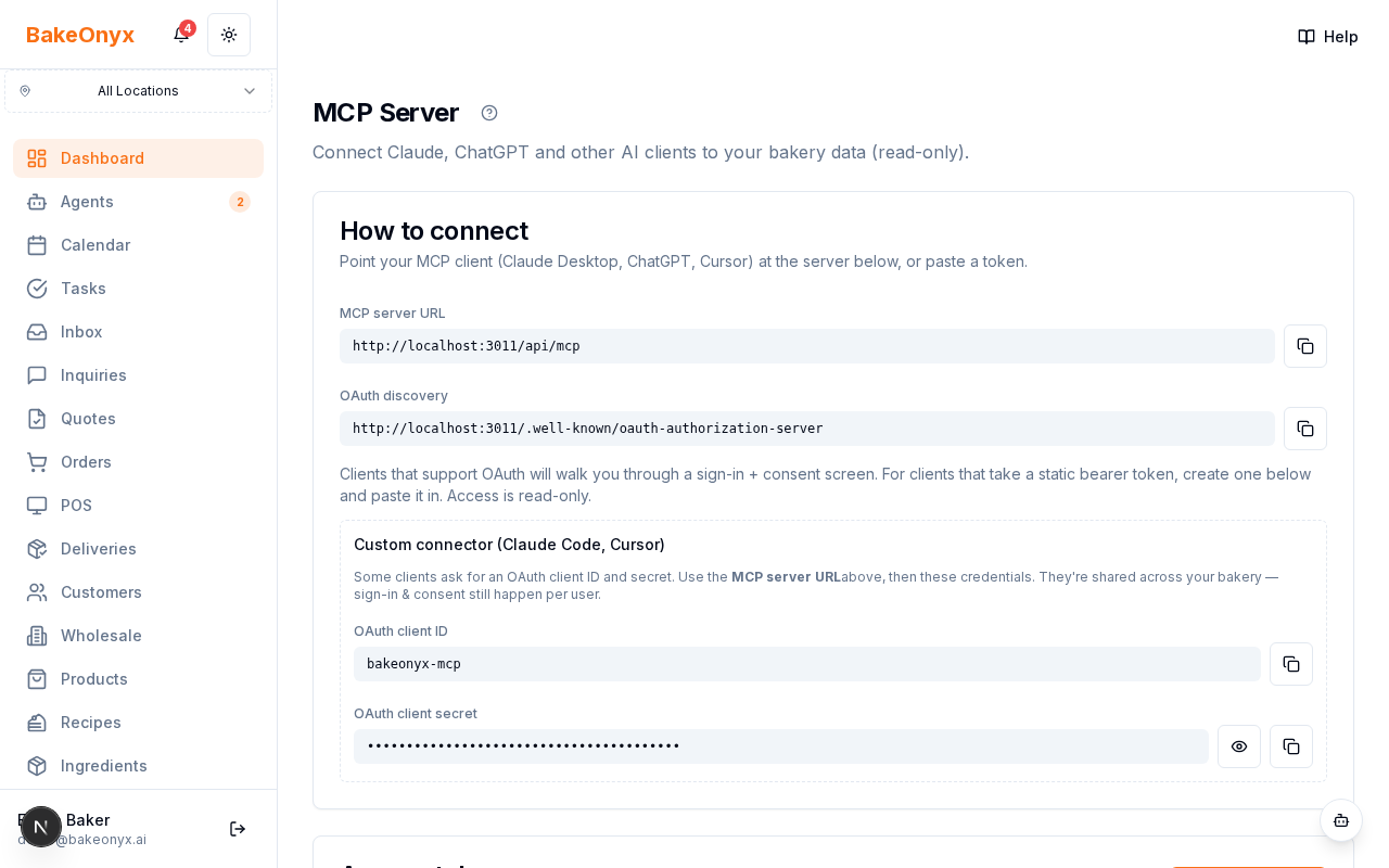 The MCP Server settings page showing the connection guide and read-only access tokens