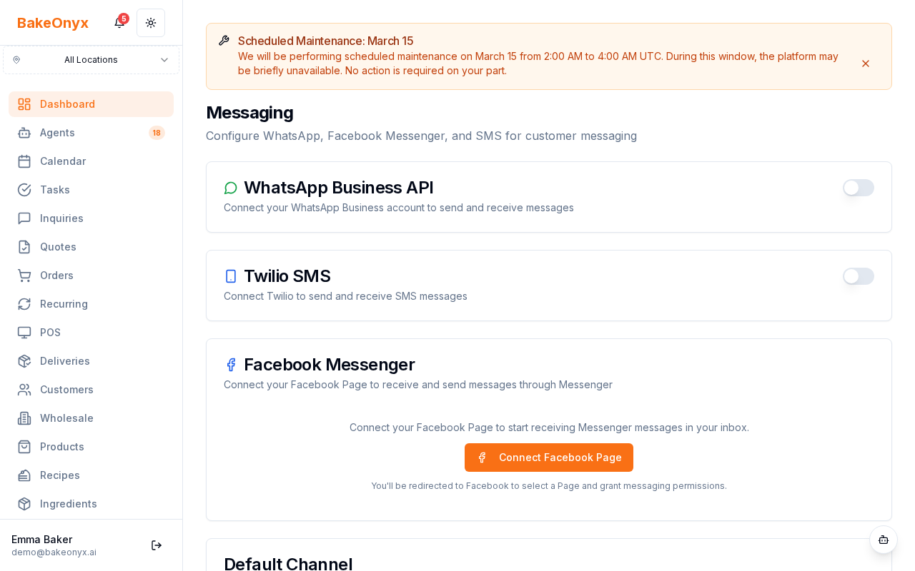 BakeOnyx messaging settings page showing WhatsApp and SMS configuration fields