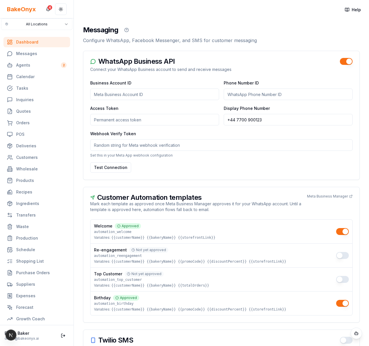 Automation template approvals card in Messaging settings showing four WhatsApp templates (Welcome, Re-engagement, Top Customer, Birthday) with approval status chips and toggle switches