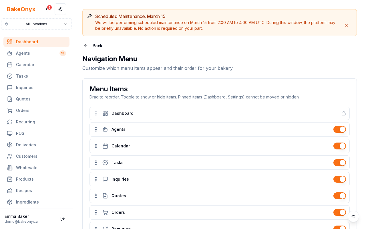 Navigation Settings page showing a list of menu items with toggle switches and drag handles