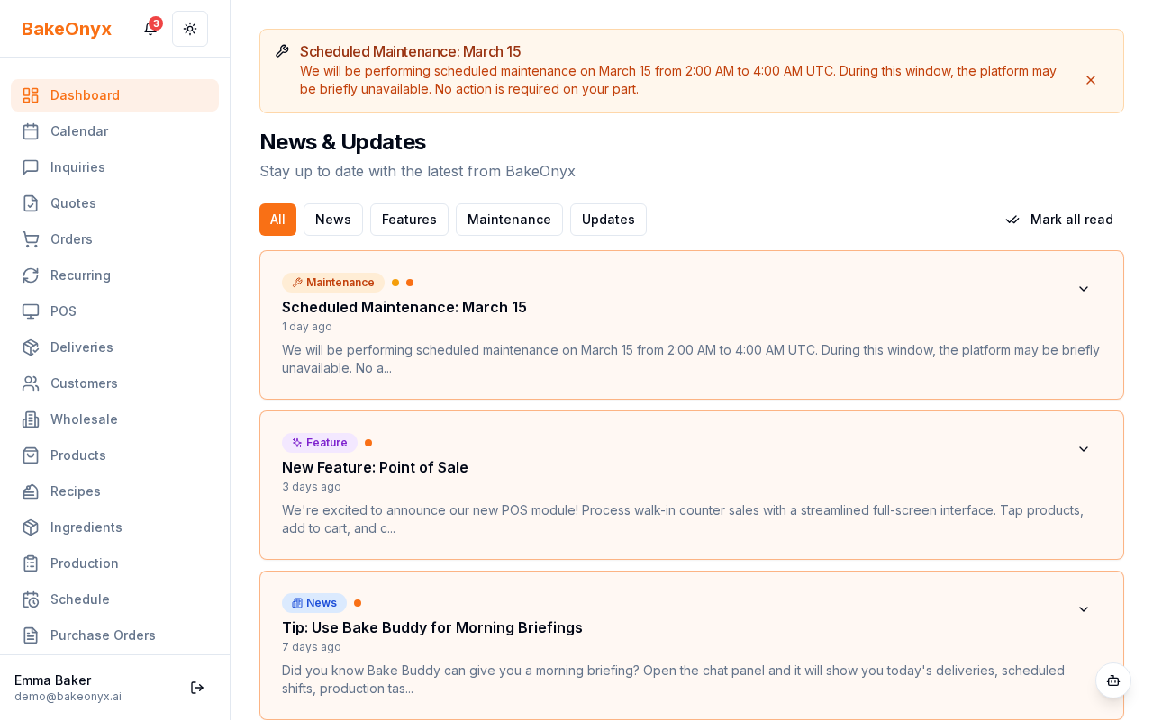 BakeOnyx News Feed page showing announcements with type badges, priority levels, and publish dates