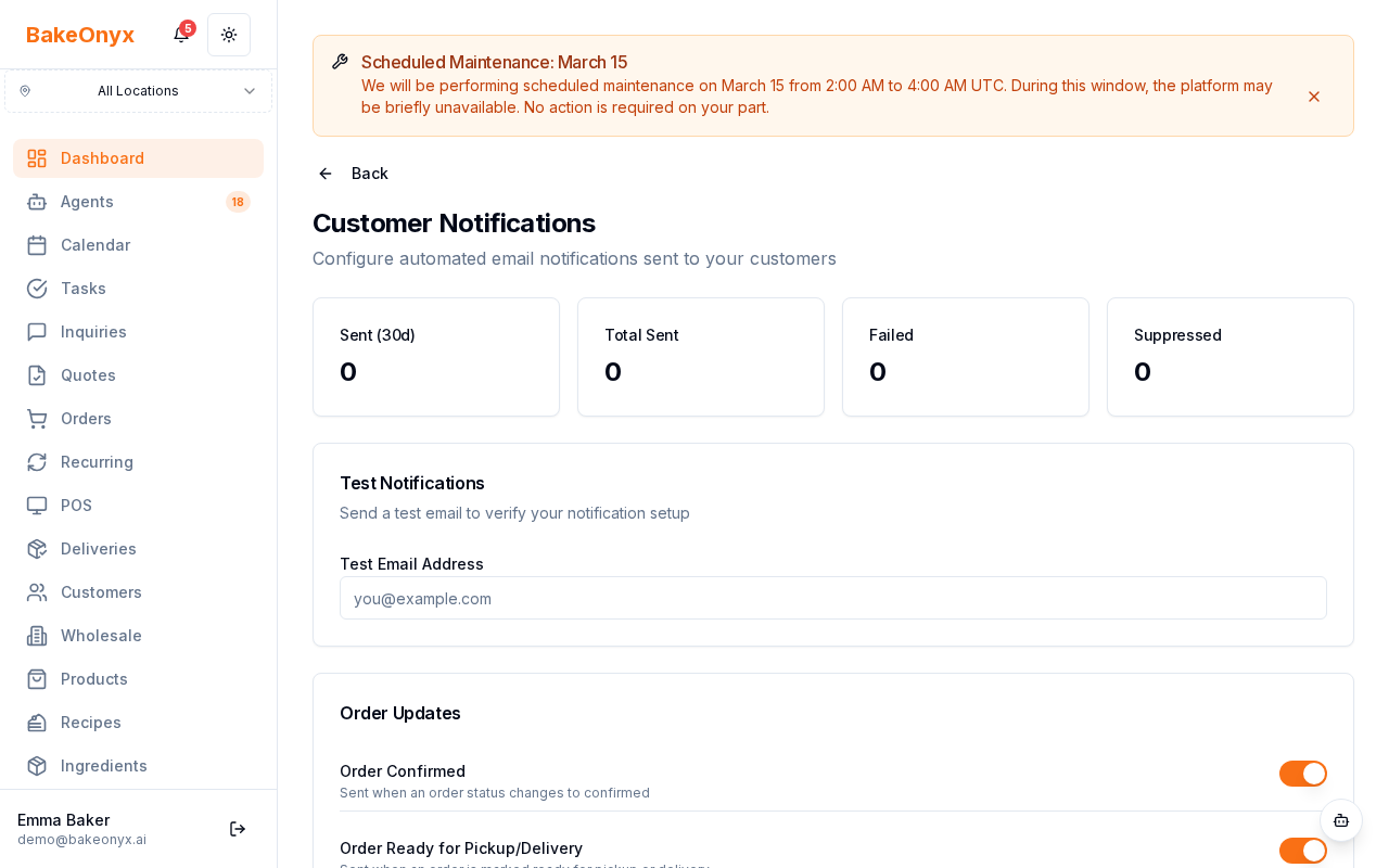 BakeOnyx notification settings page showing toggle switches for order confirmations, pickup reminders, payment notifications, and more