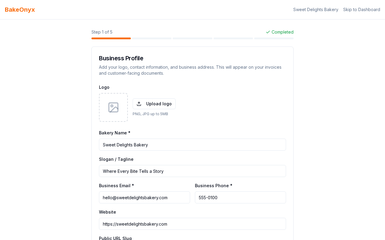 Business Profile entry form showing fields for bakery name, address, and logo upload