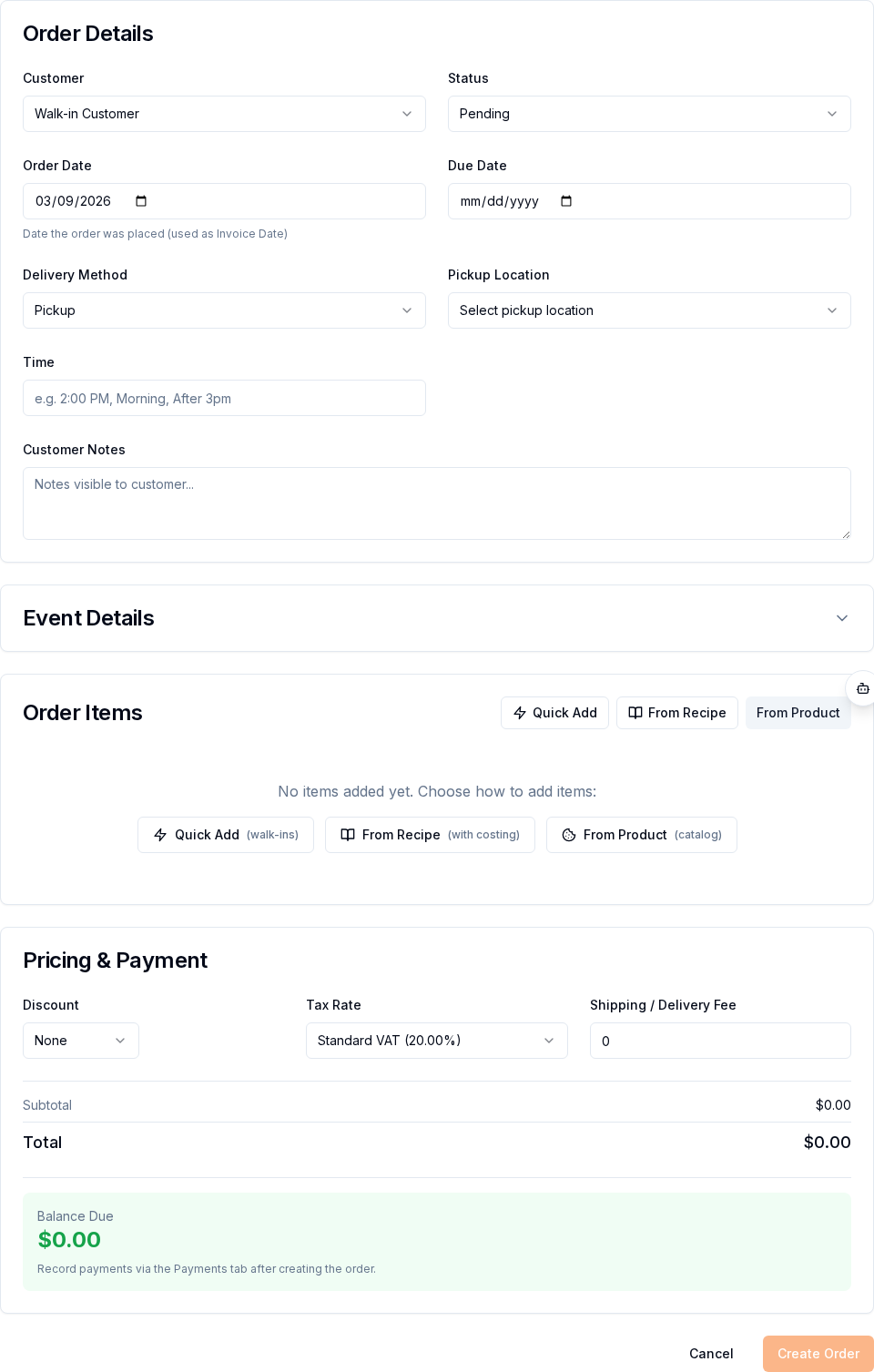 Customer selection dropdown showing search field and list of existing customers