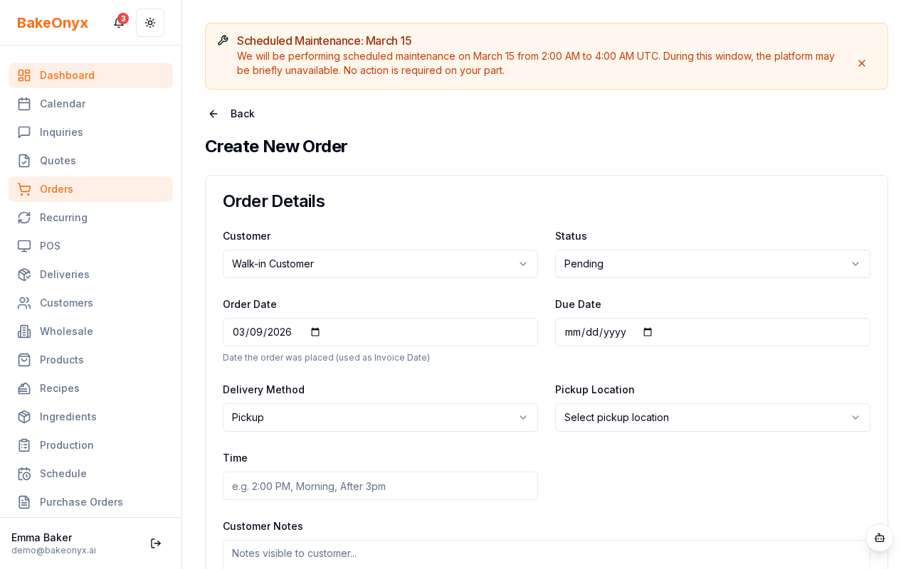Order form showing customer, delivery date, delivery method, event type, and notes fields