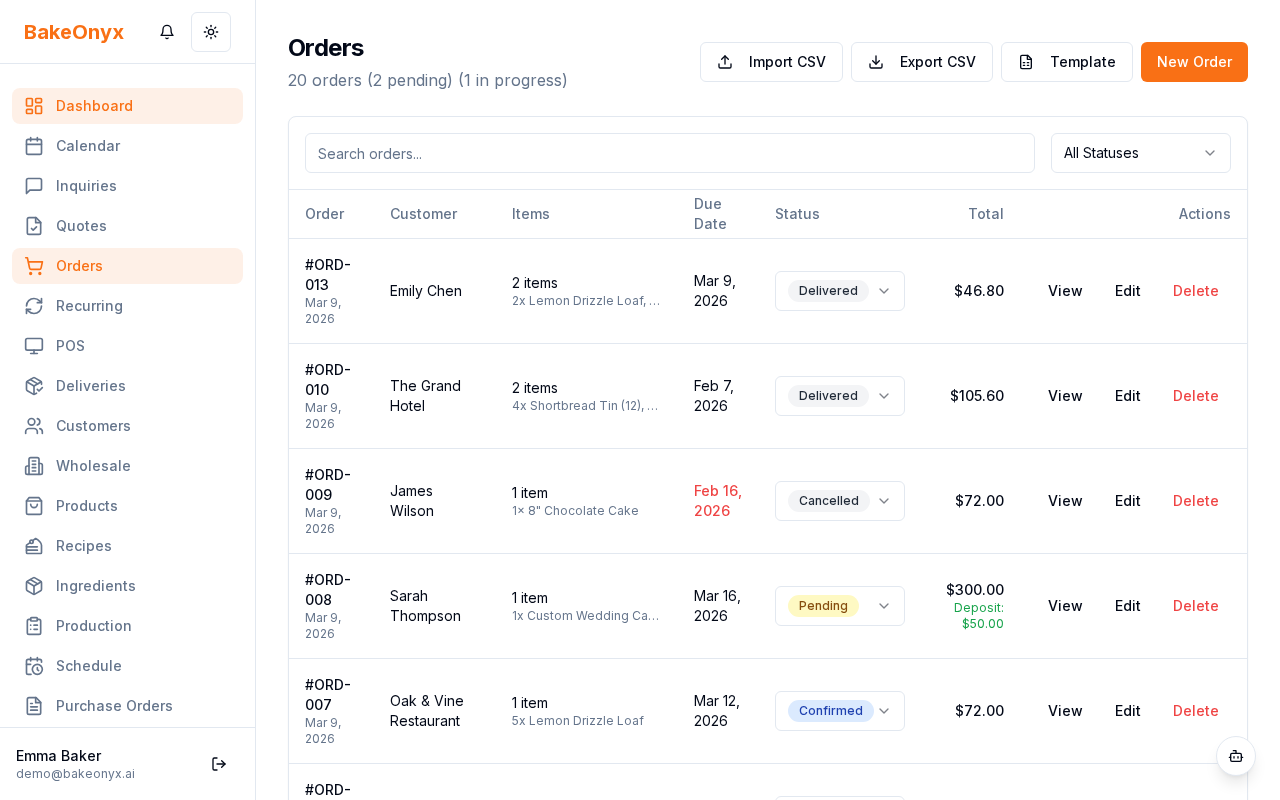 Orders list showing multiple orders with status badges, customer names, delivery dates, and totals