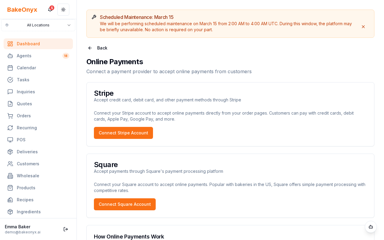 Payment settings page showing Stripe and Square connection options
