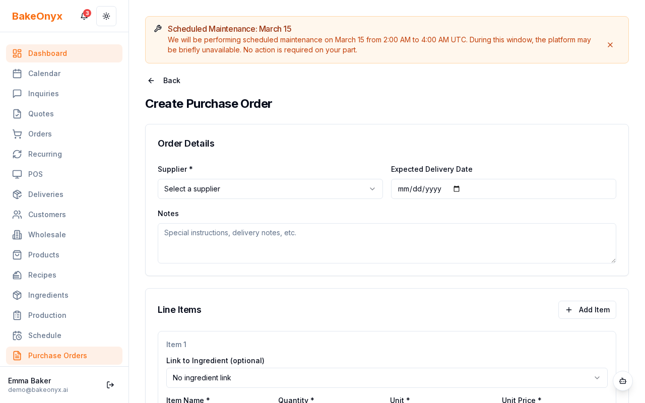 Purchase order form with supplier dropdown and pre-filled supplier details