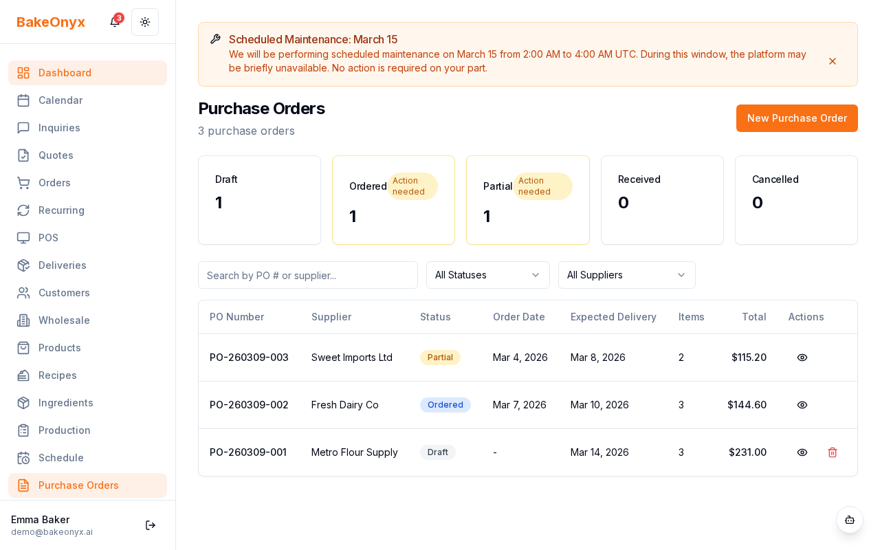 Purchase order status flow diagram showing progression from draft to ordered, partial received, or received, with cancellation possible at any stage